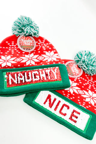 Naughty or Nice Pom Sequin Beanie