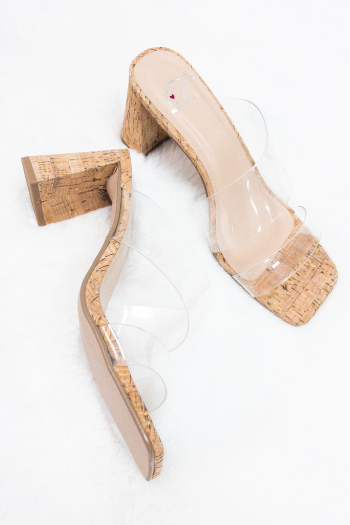 Clearly Stated Cork Heels