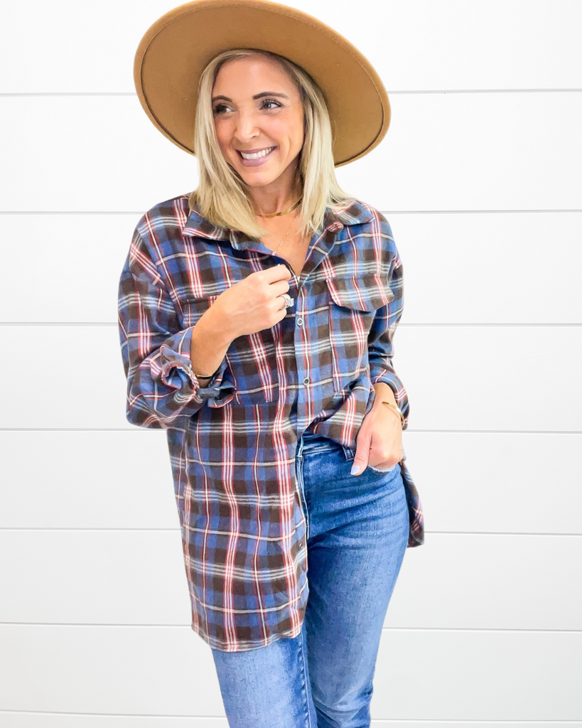 All For It Plaid Button Down Top - Brown